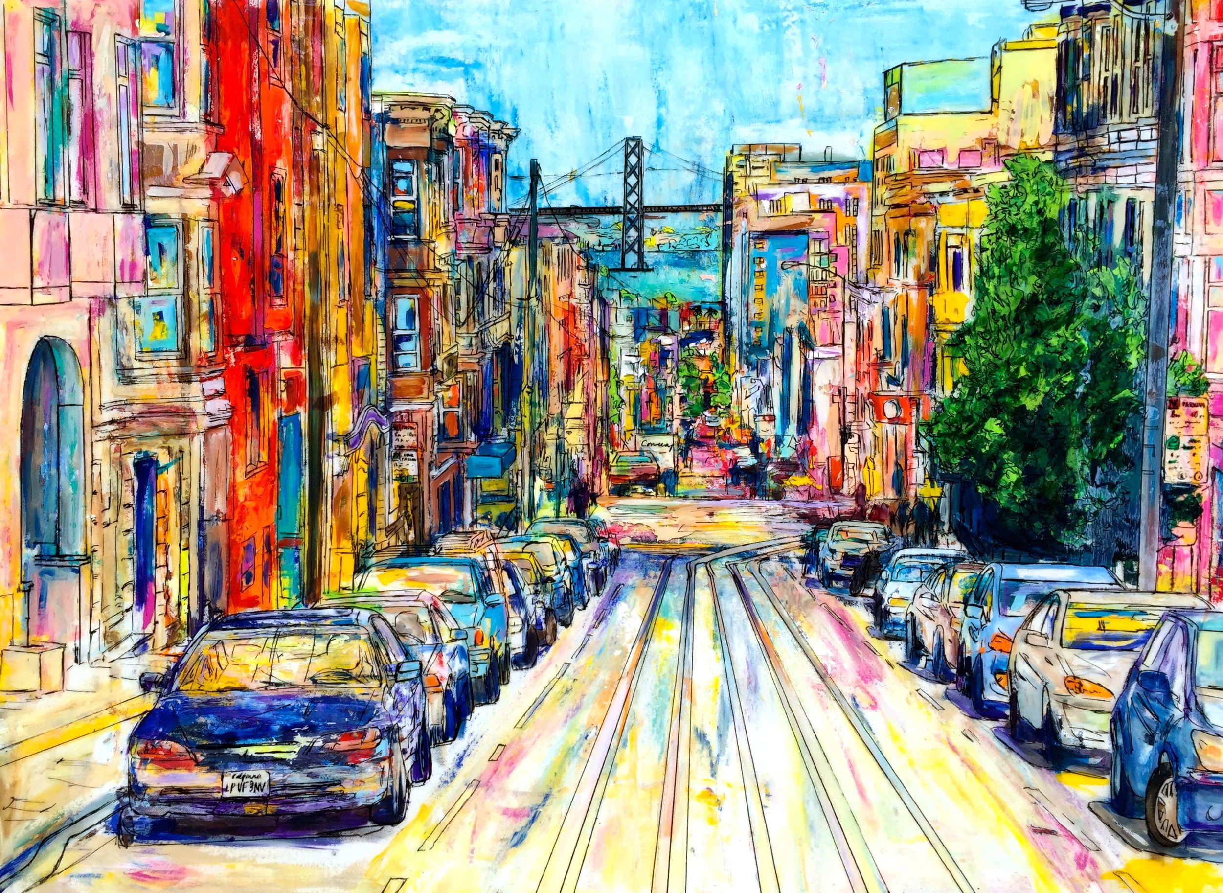 PACIFIC AND POWELL (SAN FRANICSCO) 40 x 30" Acrylic, ink, acetate, and epoxy resin on canvas 2015 PRINTS AVAILABLE / ORIGINAL SOLD