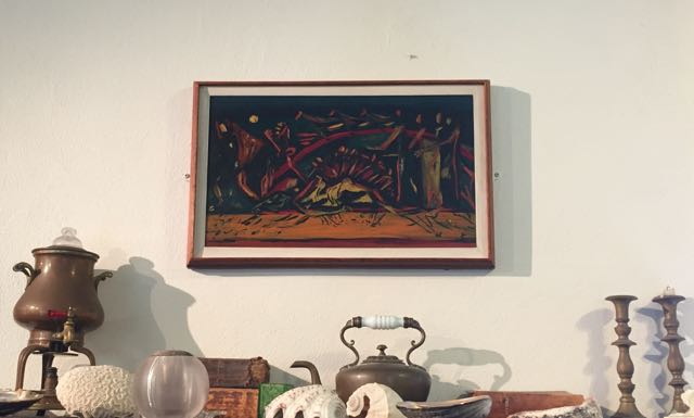 The only original Pollock painting in the house is this small 1938 painting, "Composition with Red Arc and Horses" which alludes to Pollock's study of Native American Art and Orozco.