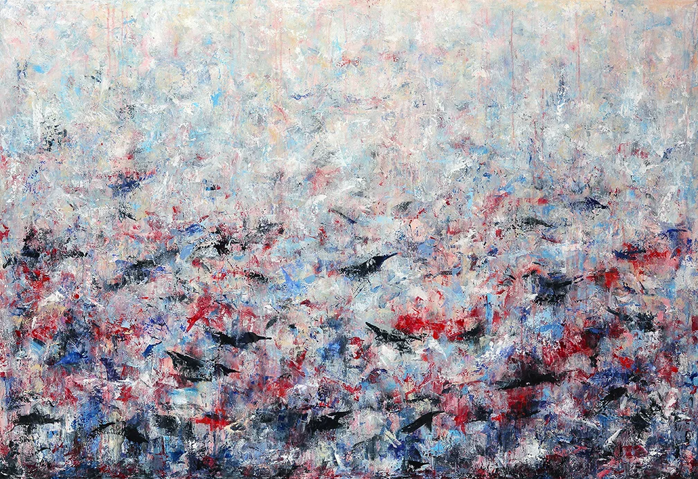 3. Nikki Vismara_Murmuration (Twilight)_84%22Wx58%22H_Acrylic on canvas_2017.jpeg