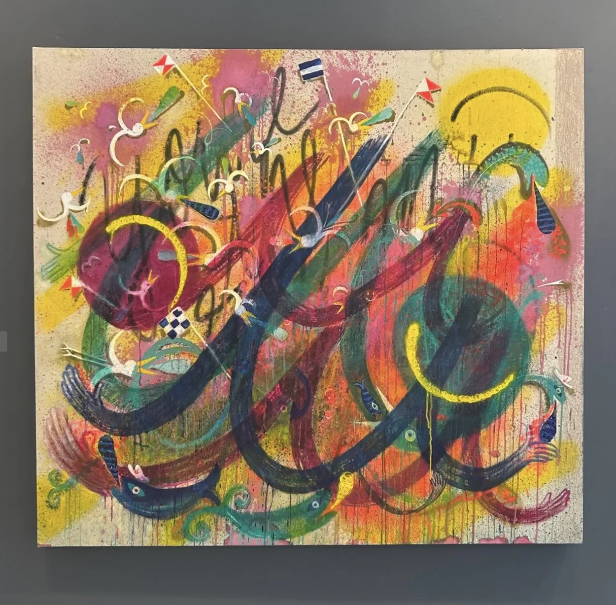 “The Reason” 55x64 acrylic and spray paint on canvas 2025