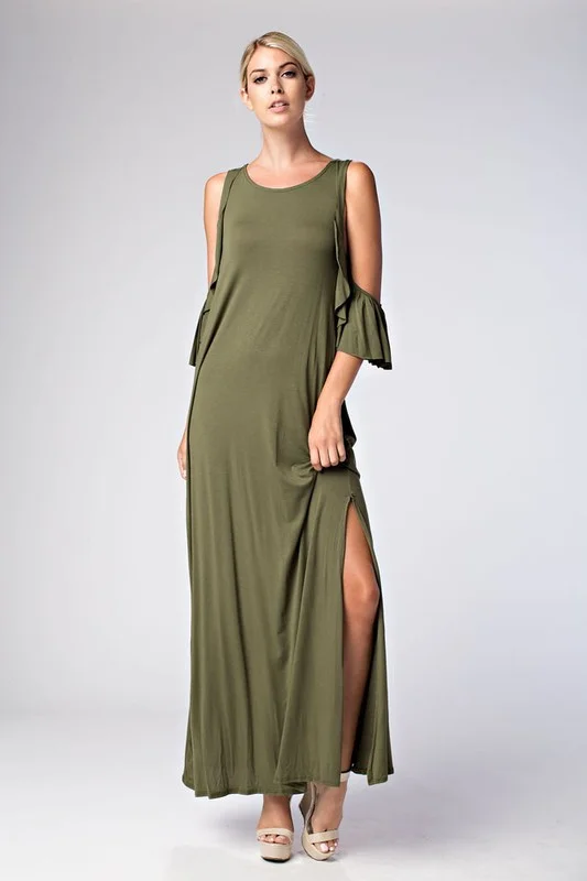 Long Gipsy Maxis that show some skin with high splits. This dress could be found at www.secrettreas.com