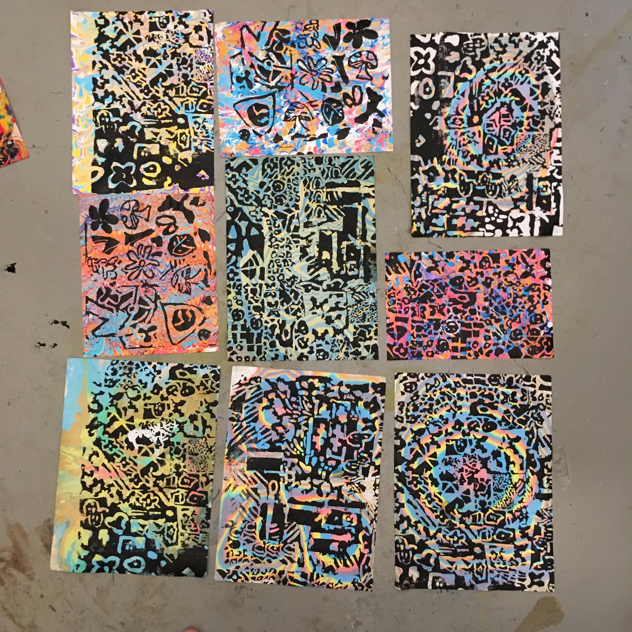 2018, screenprints on marbled monoprints