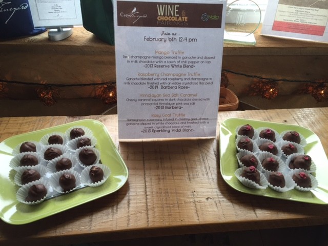 January 20 is our first wine and chocolate pairing of 2019! We will be down in Maryland’s Eastern Shore at Crow Vineyard & Winery from noon until 4pm with some fantastic flavors. #easternshore #maryland #winepairing #truffles #chocolate #bloodorange #sparklingvidal #raspberries #caramel #bourboncherry #mango #barbera #rose #chardonnay #merlot #vidalblanc #pinotgris #winelovers #winepairing