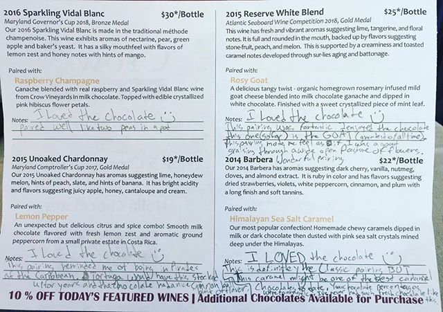 These may be the best tasting notes. Ever. #chocolate #wine #noliachocolates #crowwinecellars #buylocal #goatcheese #piratesofthecaribbean #lemon
