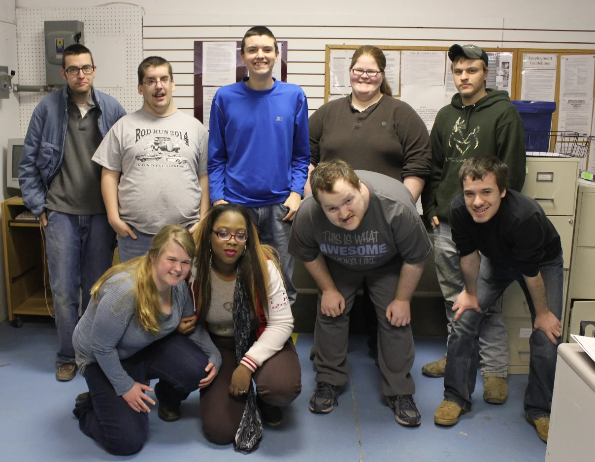 Goodwill Work Adjustment clients and Oliver Springs High School CDC students work together at the Oak Ridge Goodwill. Back Row: Terry Butler, Alex Wood, Chris Raper, Maura Cadmus, Kenneth Stringfield. Front Row: Emma McKinney, Mirissa Lee, Dakota Taylor, Christian Doezema.