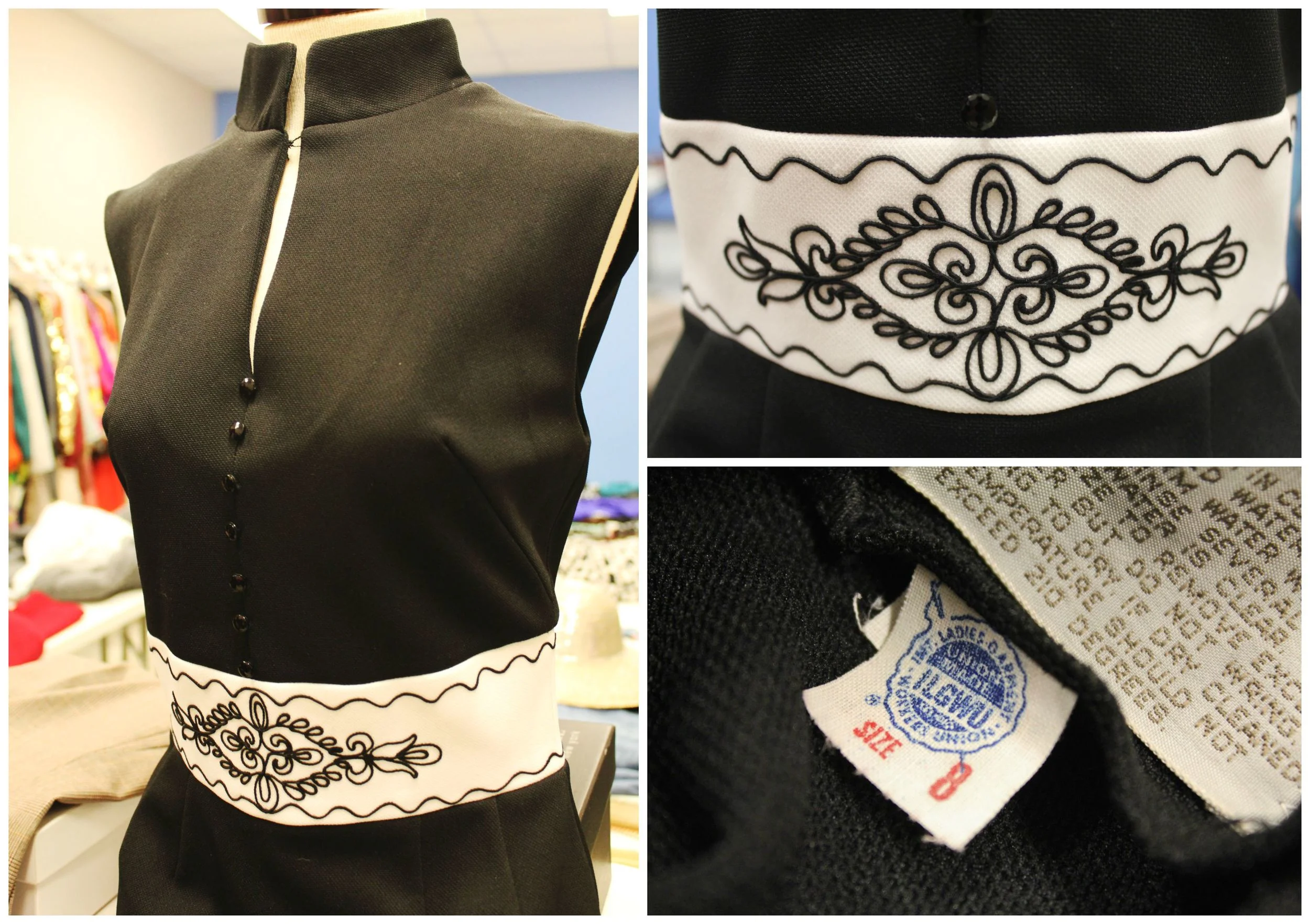 This black dress has a unique style, amazing detail and a union label.