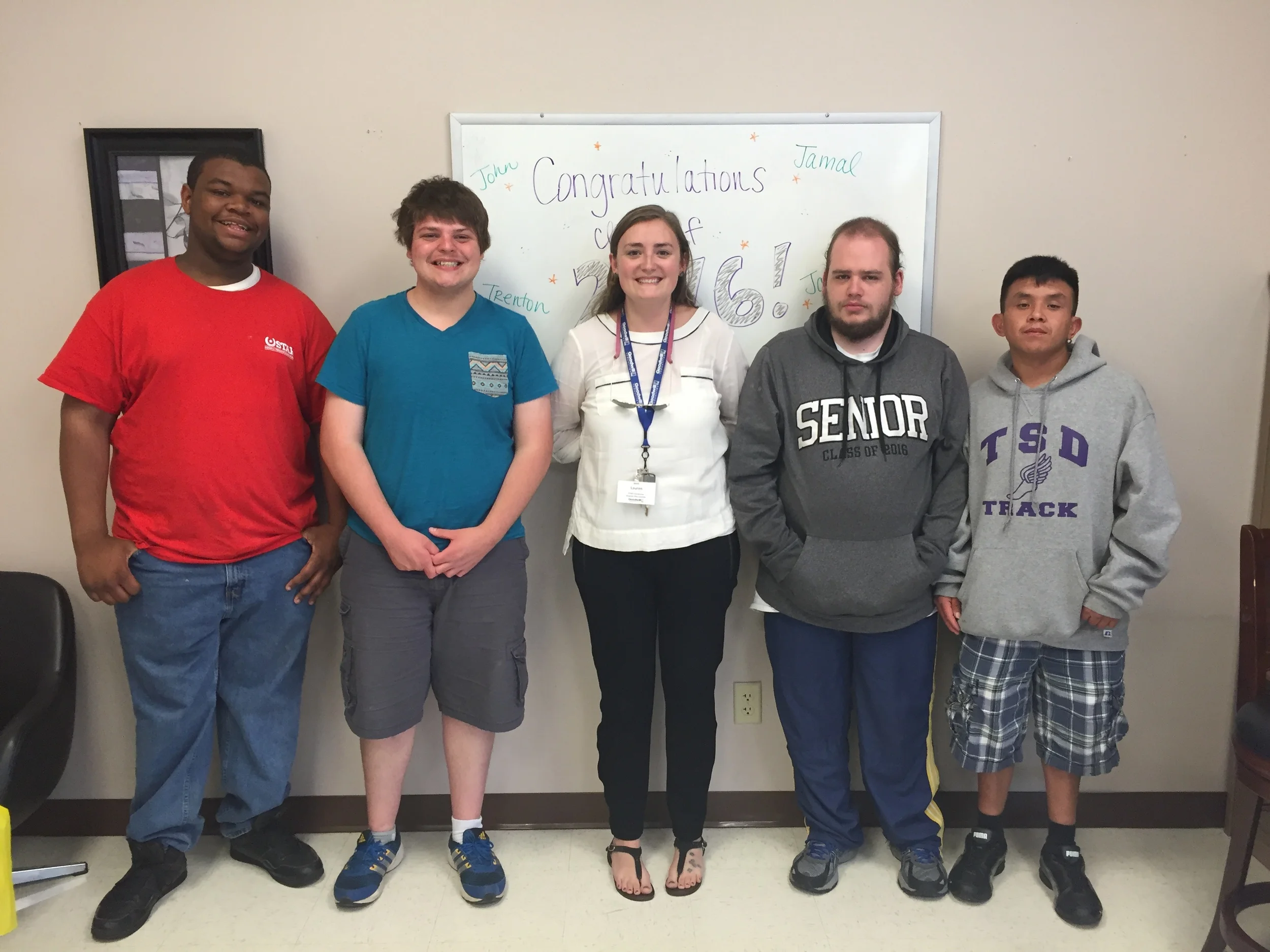 Congratulations to these students that graduated from TSD this year. Left to right: Jamal Vaughn, Trenton Hindsley, Lauren Witzler, John Harper, and Javier Licea-Sanchez.