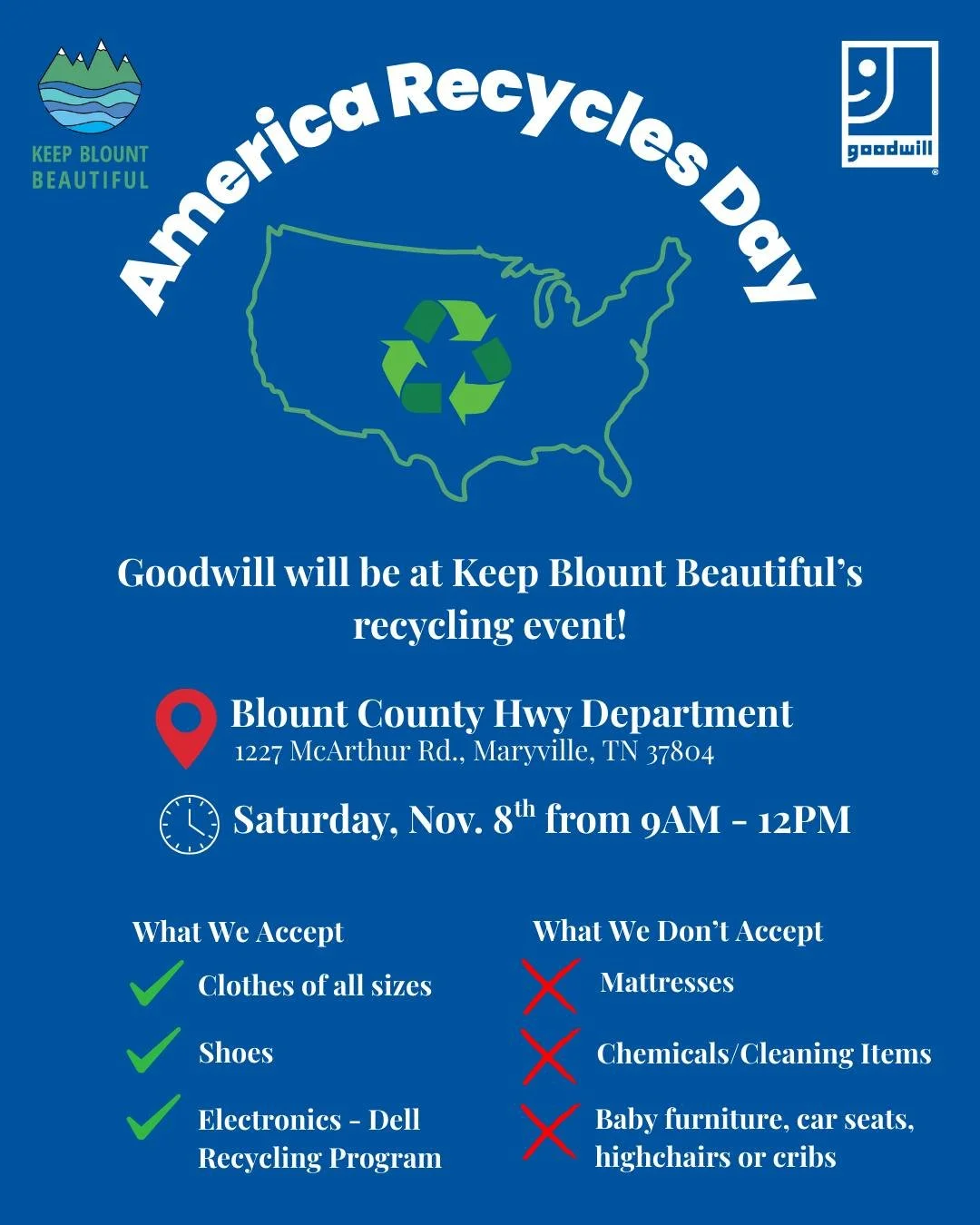Goodwill will be at the Keep Blount Beautiful recycling event on November 8th!ππ
To find out more about the event, click on the link in our bio! β»π
#KeepBlountBeautiful #GoodwillFinds #Recycling #DonateShopChangeLives
#thriftingwithamission