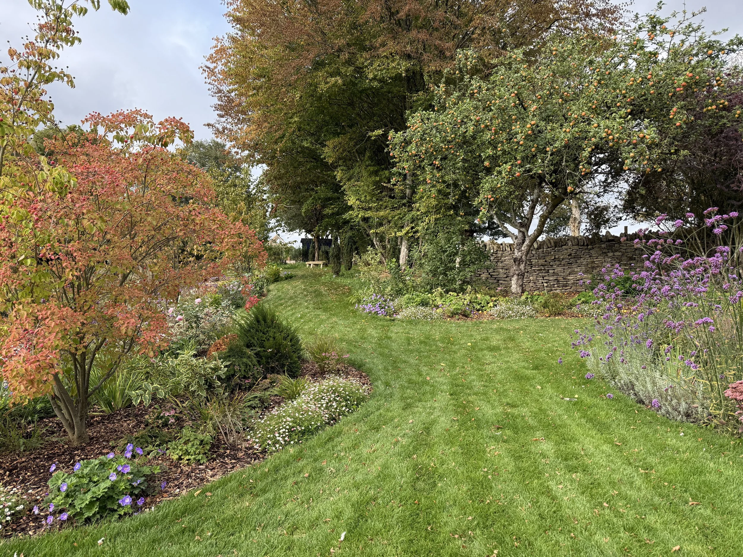 Sinuous grass path leading up to the vegetable garden and wildflower meadow