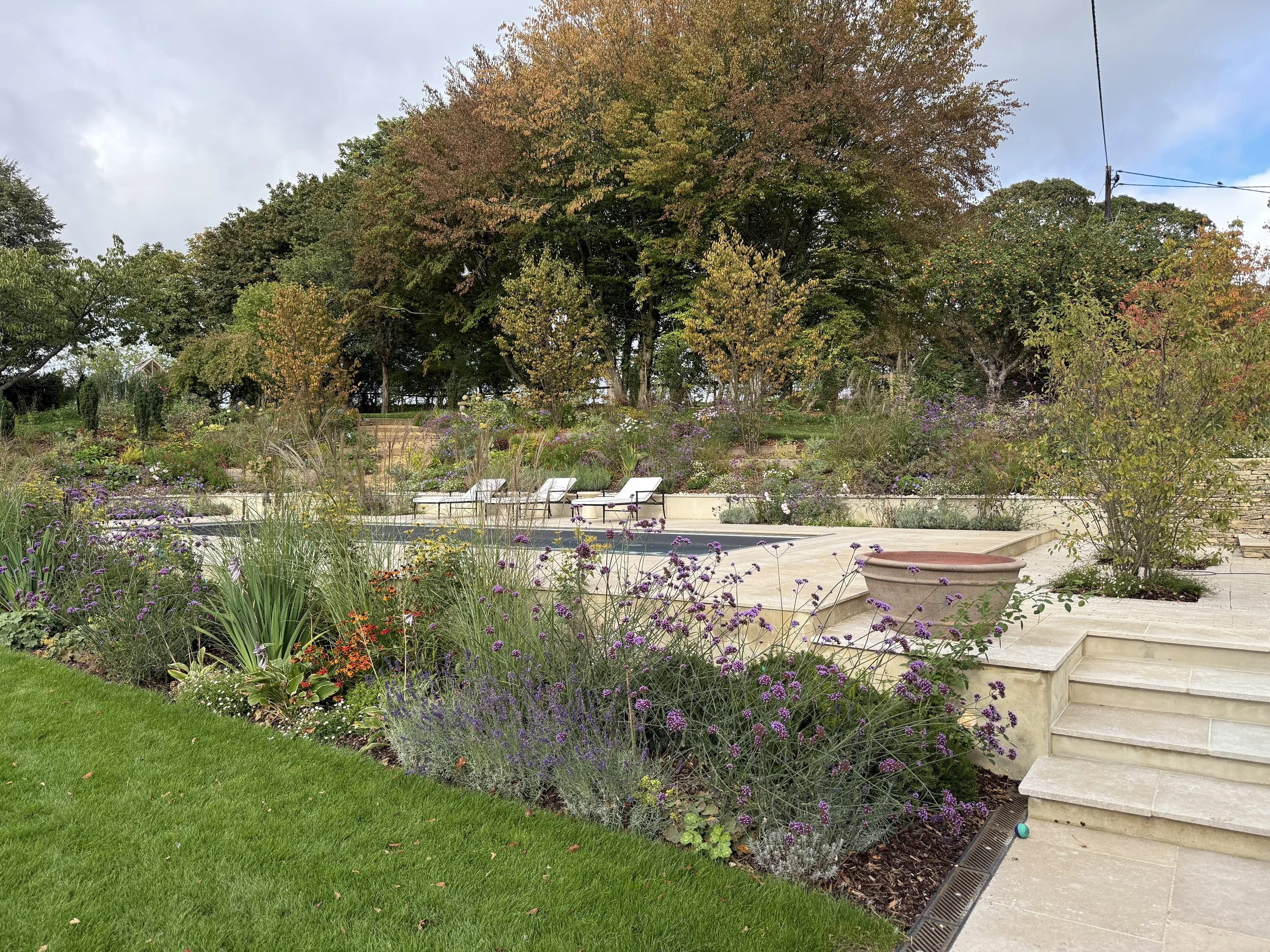 Swimming pool and planting beds from the glass extension on the main house