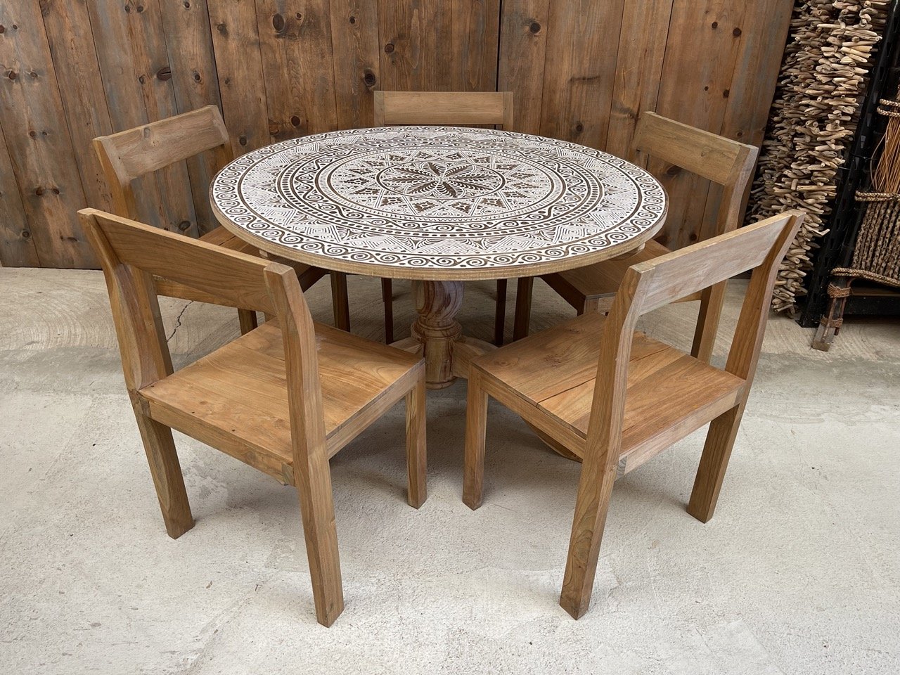 Cendana Table w Wood Base & Weathered Chairs 5or6pc Set