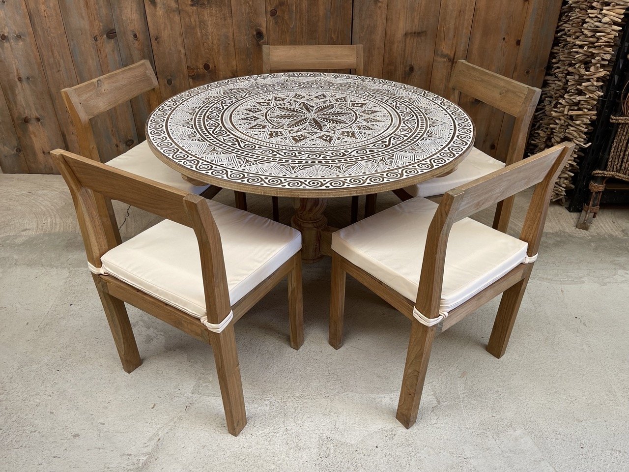 Cendana Table w Wood Base & Weathered Chairs 5or6pc Set