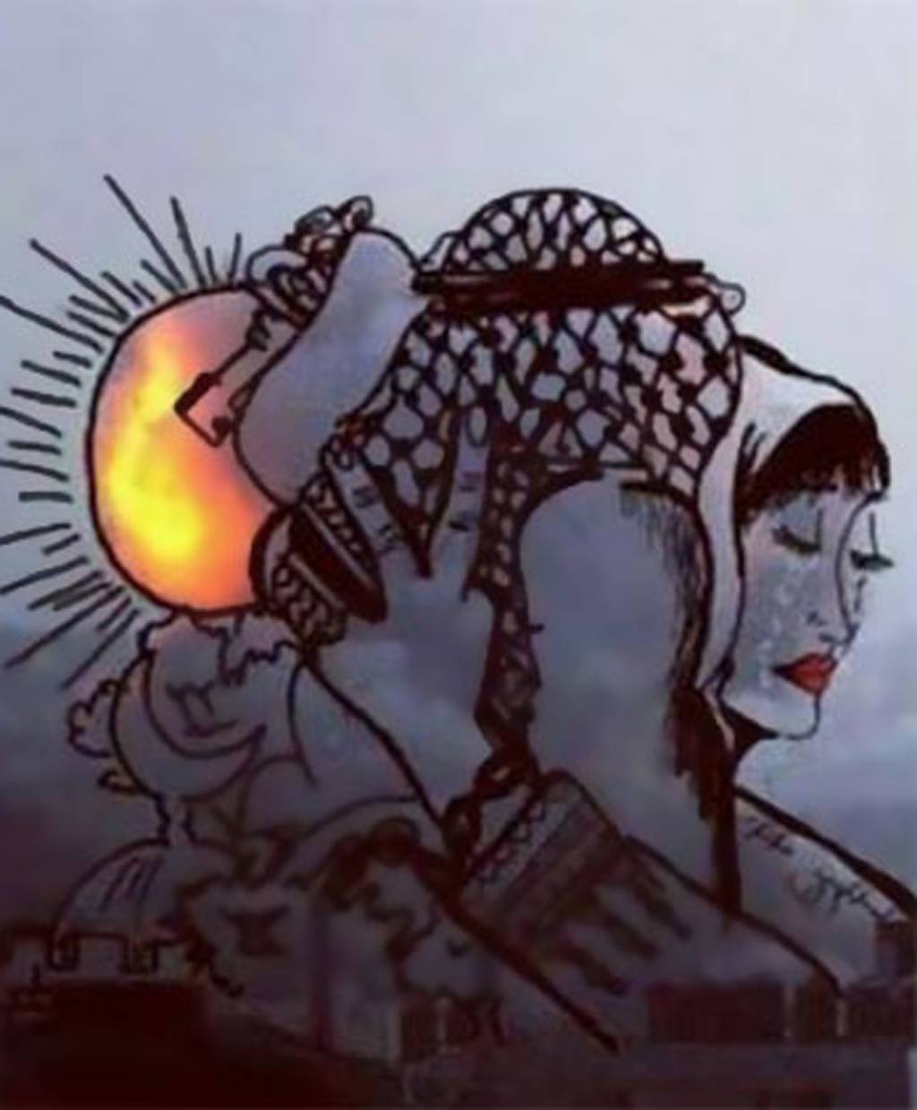 Sig of peace, the Palestinian traditional scarf, the Islamic crescent, a face of hope and sadness, Love, the key to return home and the sun to show a new day.