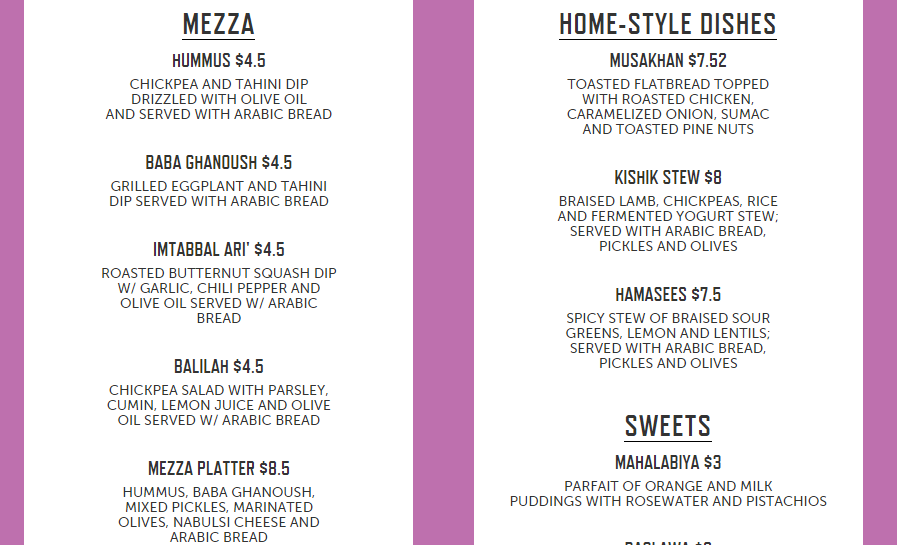 Sample menu from Palestinian pop up.