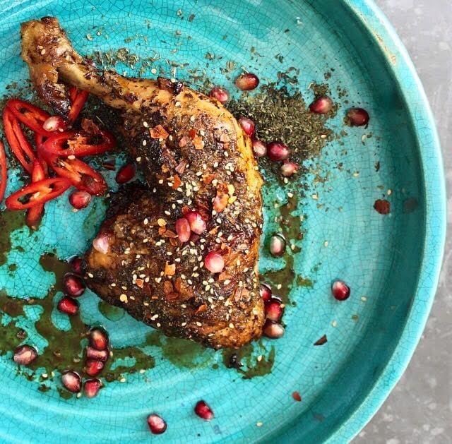 Za'atar Chicken with Pomegranate molasses, chilli and dried mint 