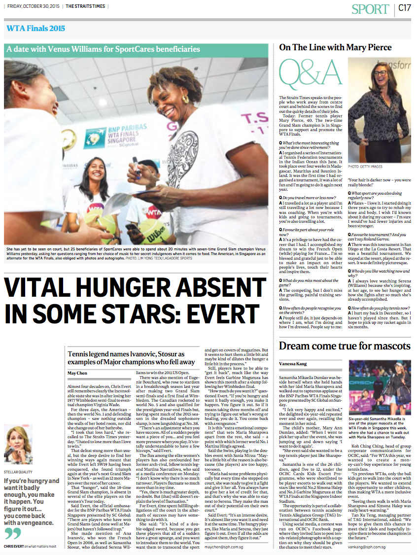 Venus Williams, WTA Finals 2015, The Straits Times (www.straitstimes.com)
