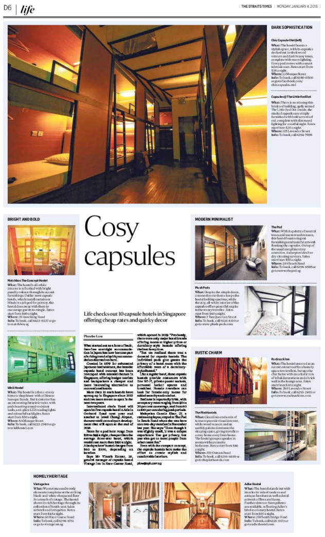  Capsule hostels feature for The Straits Times (www.straitstimes.com) 