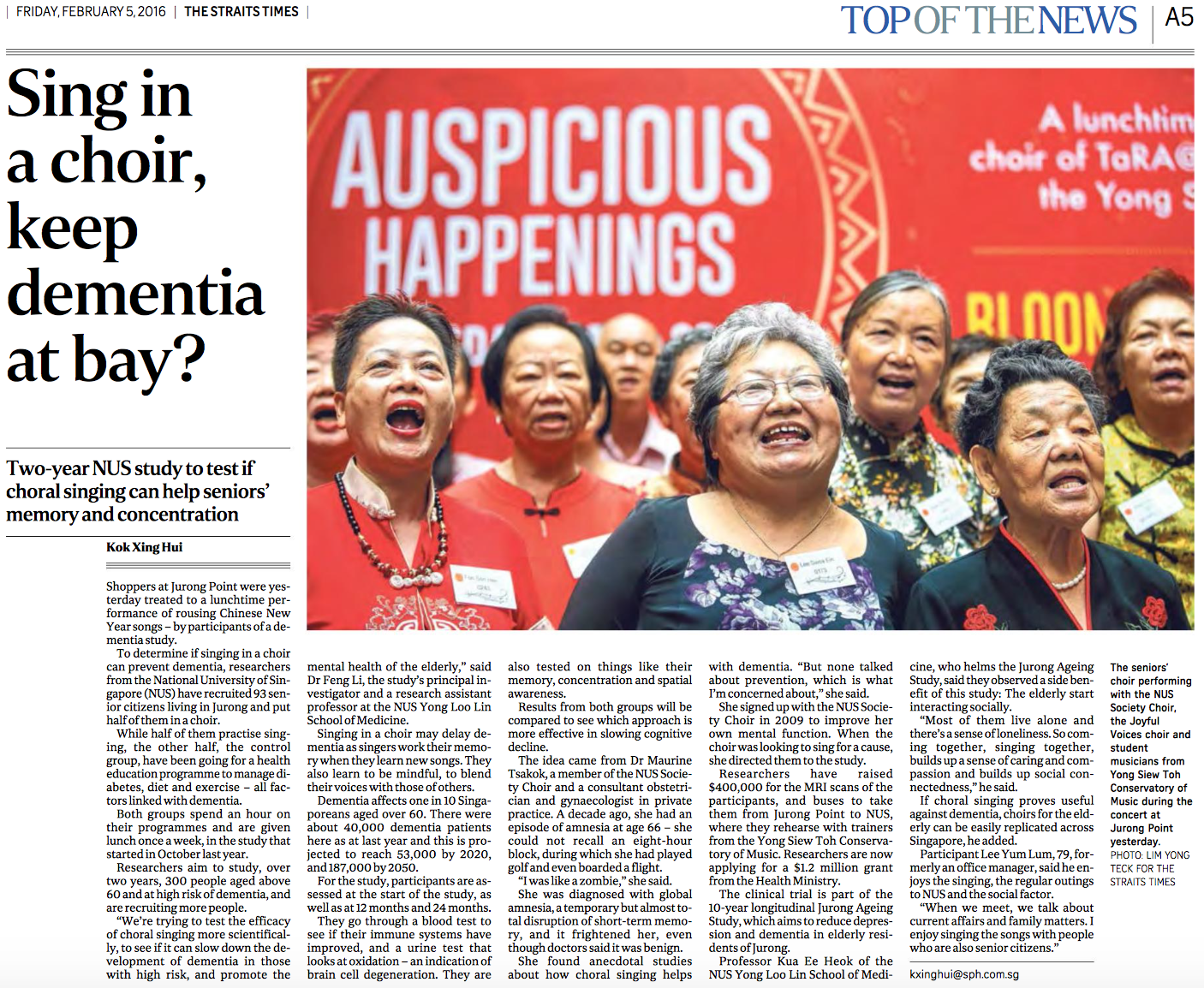  Choral singing and dementia research feature for The Straits Times (www.straitstimes.com) 