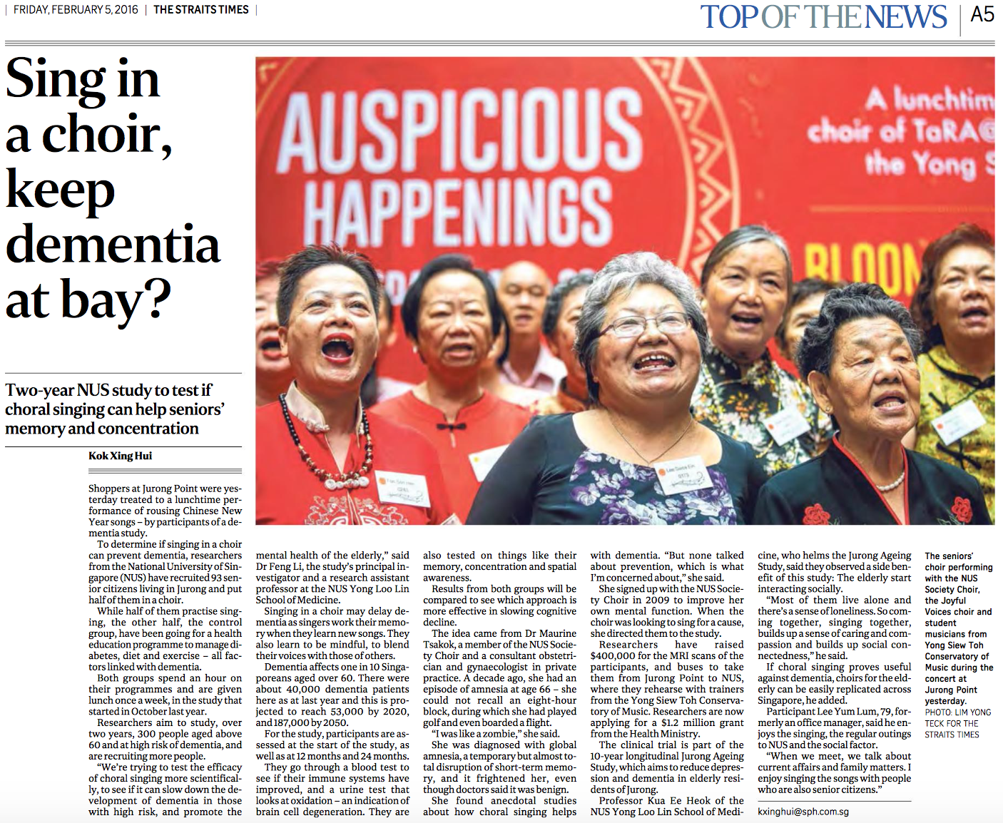 Choral singing and dementia research feature for The Straits Times (www.straitstimes.com)