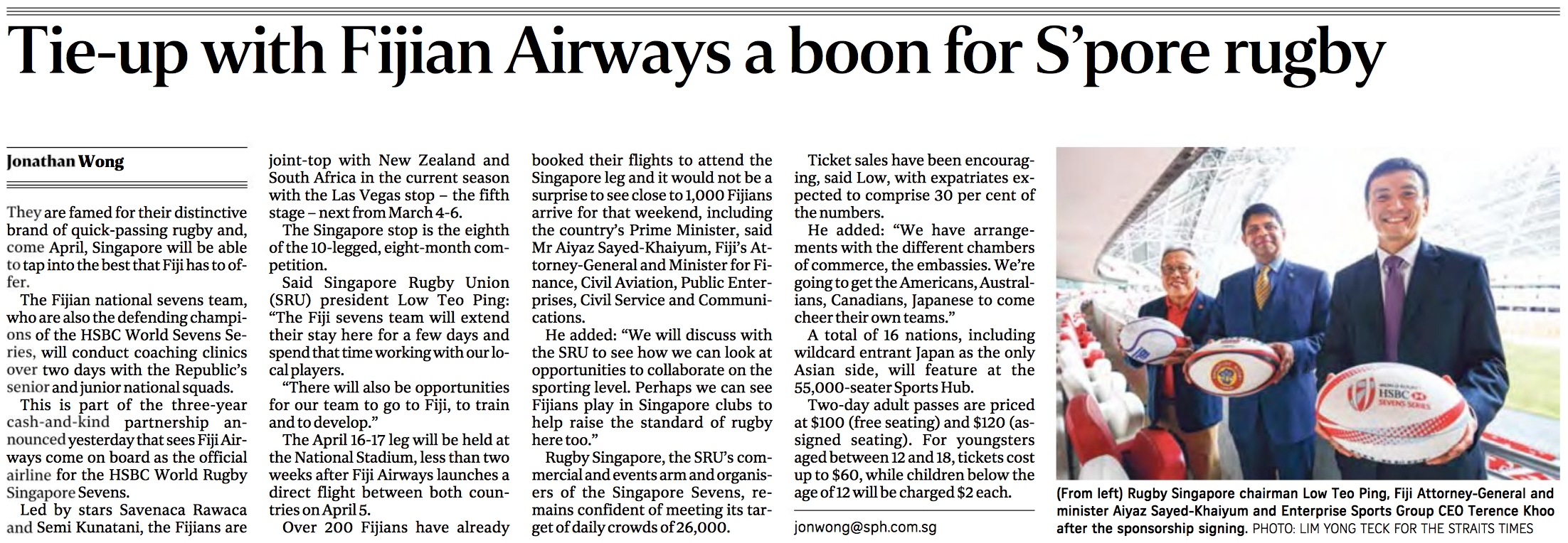 Rugby Singapore-Fiji Airways sponsorship deal signing for The Straits Times (www.straitstimes.com)