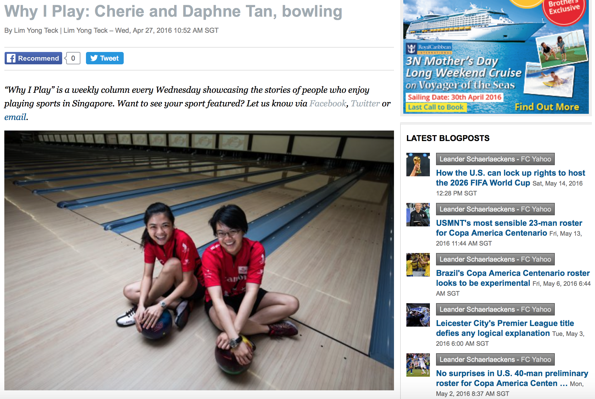 Cherie & Daphne Tan bowling feature for Yahoo! (www.yahoo.com)