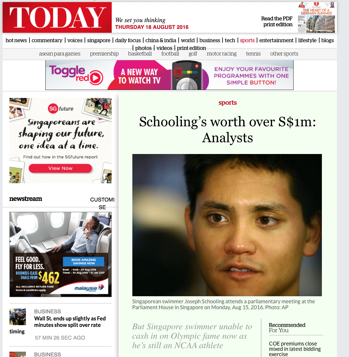 Joseph Schooling's Singapore return for the Associated Press (www.apimages.com)