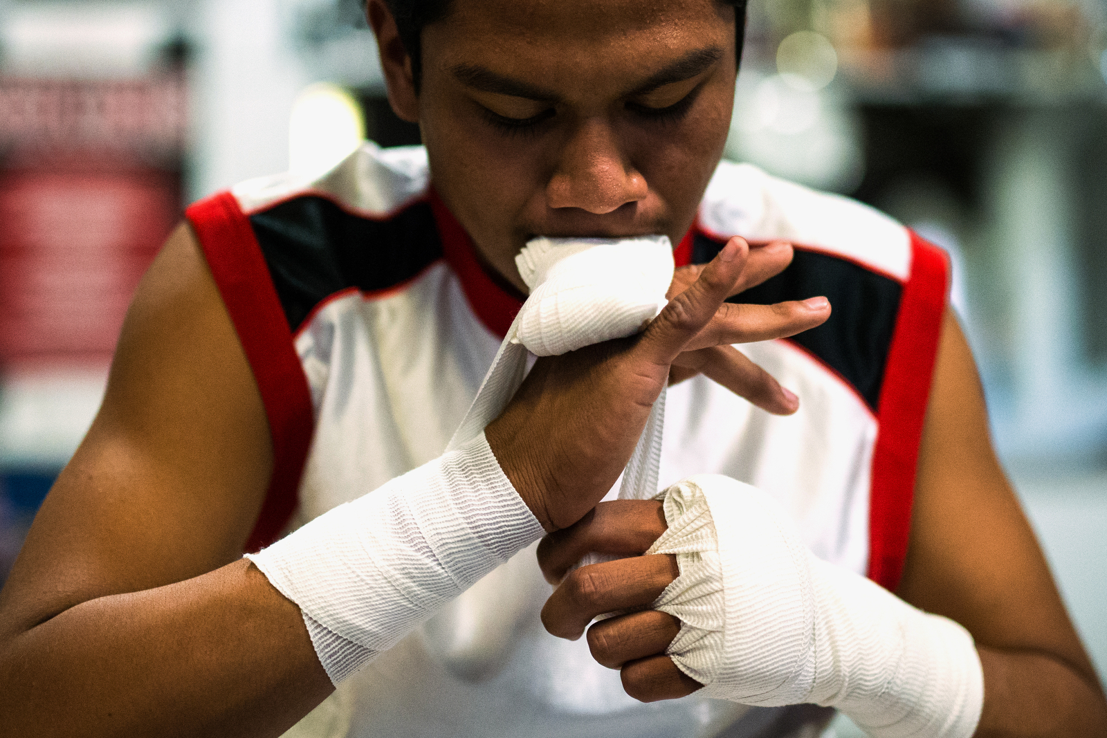George Rico prepares for his workout at La Habra Boxing Club on November 6, 2015 in La Habra, California.