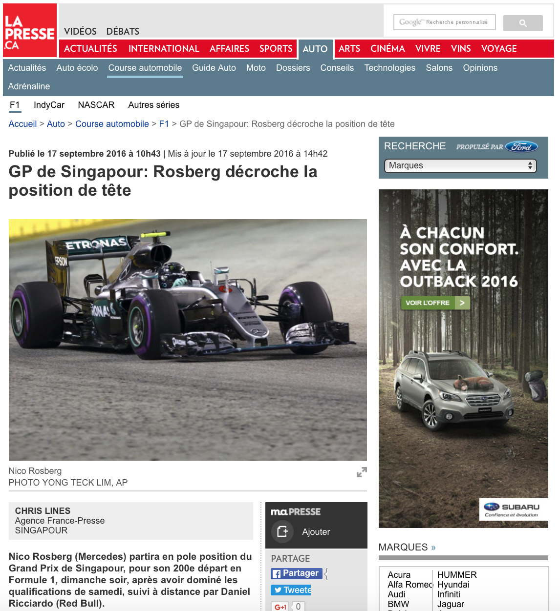  F1 Singapore Grand Prix for the Associated Press (www.apimages.com) 