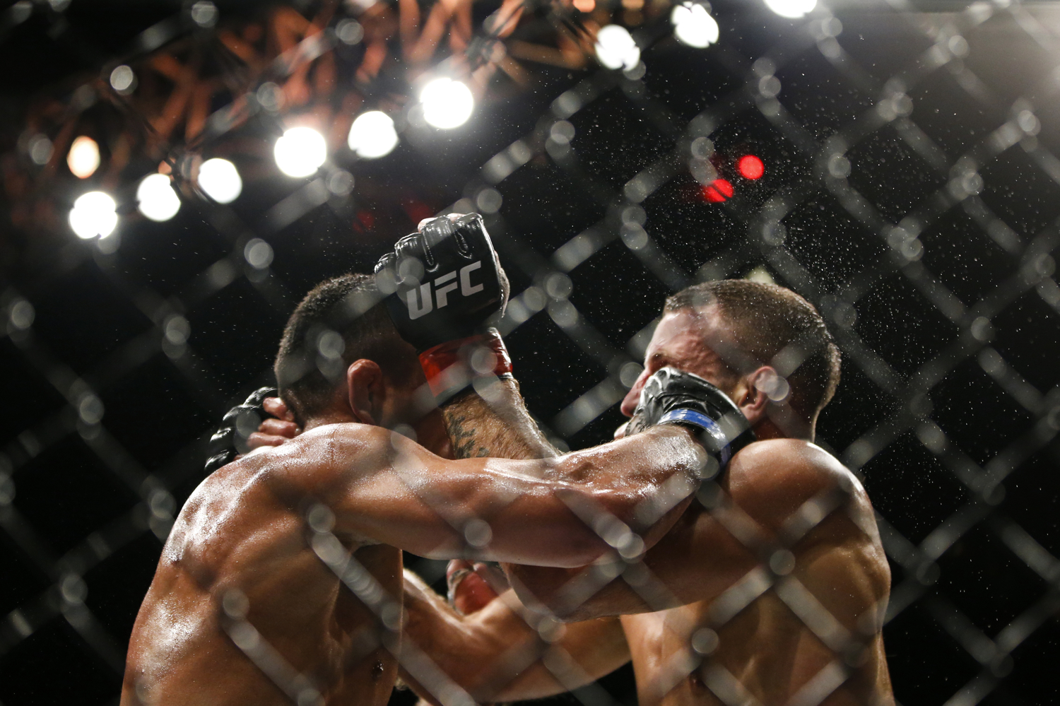 Rafael dos Anjos (L) of Brazil fights Tarec Saffiedine of Belgium during their welterweight bout at the UFC Fight Night at the Singapore Indoor Stadium on June 17, 2017.