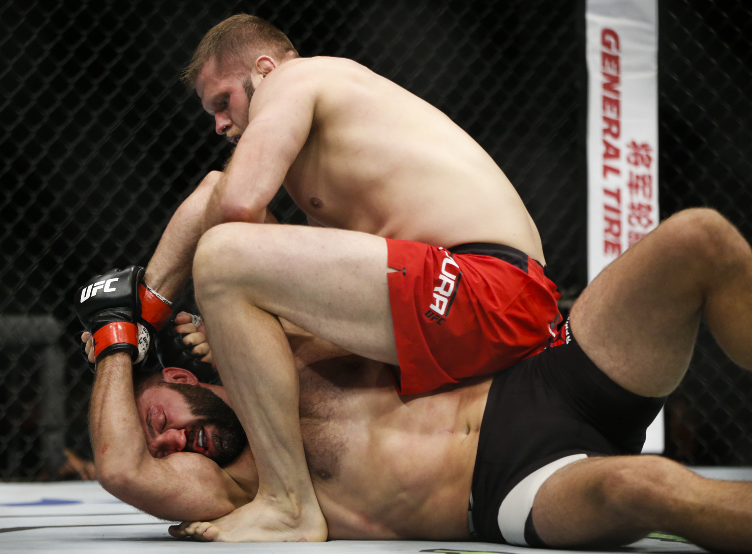 Andrei Arlovski (L) of Belarus fights Marcin Tybura of Poland during their heavyweight bout at the UFC Fight Night at the Singapore Indoor Stadium on June 17, 2017.