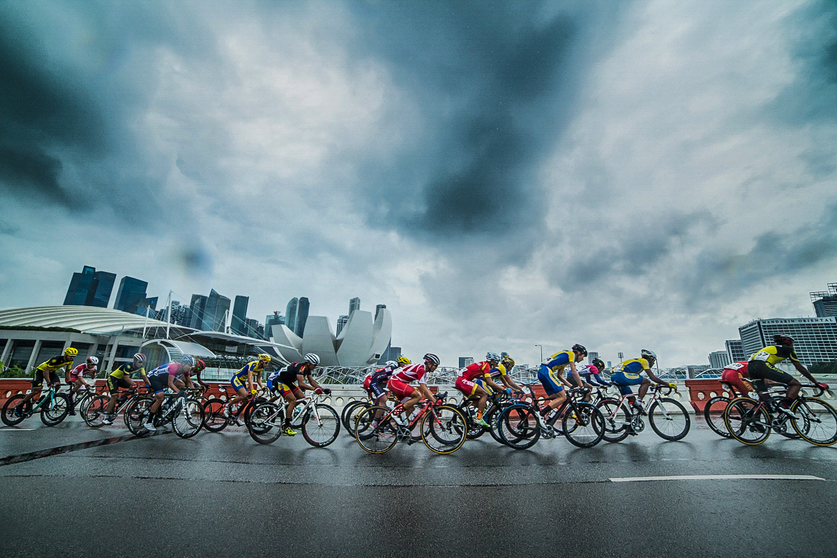 The peloton in action during the men's mass start road race of the cycling competition at the 28th Southeast Asian Games at Marina Bay South on June 14, 2015 in Singapore.