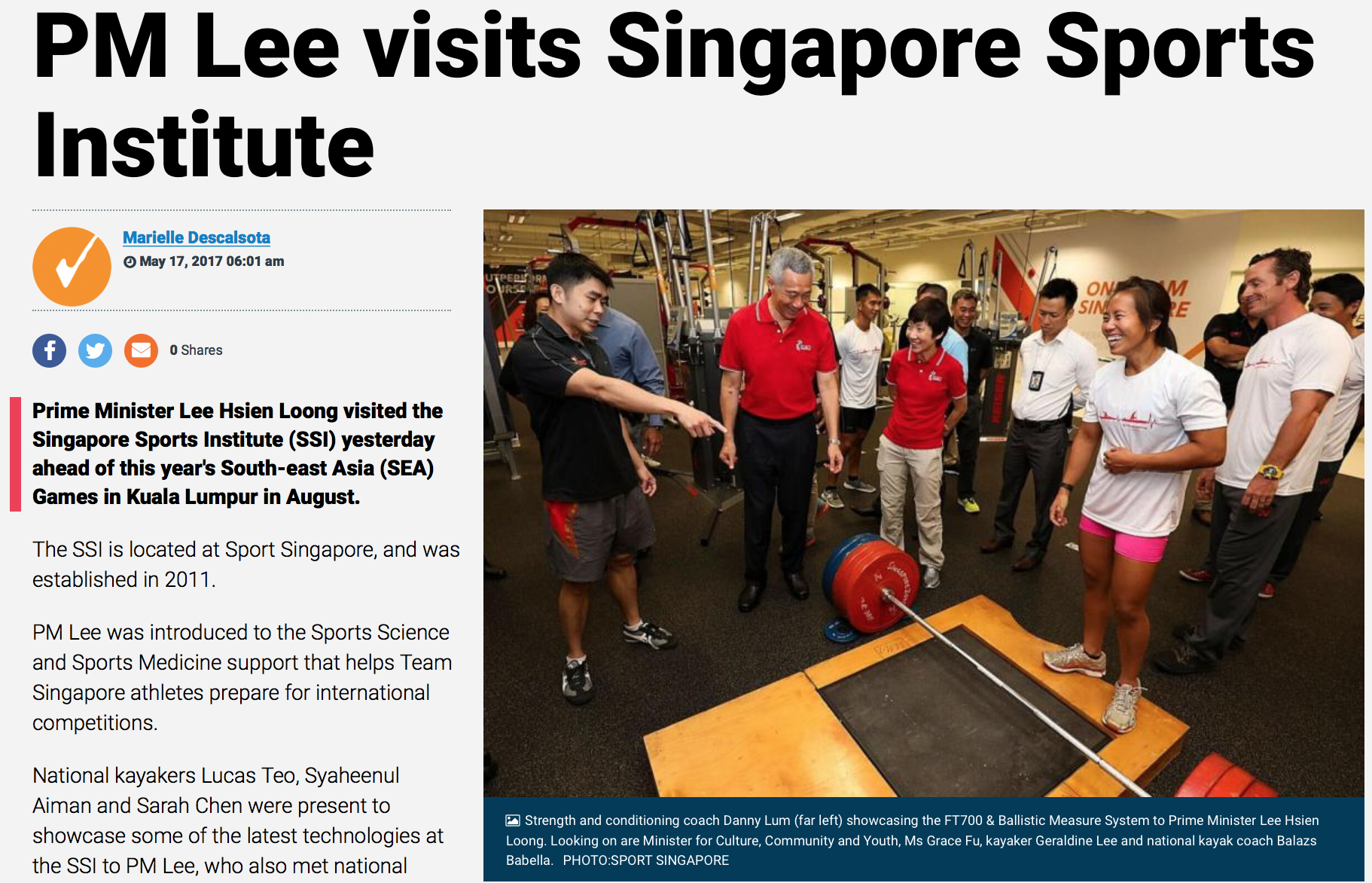 Singapore Primer Minister visit to Singapore Sports Institute for Reuters for Sport Singapore