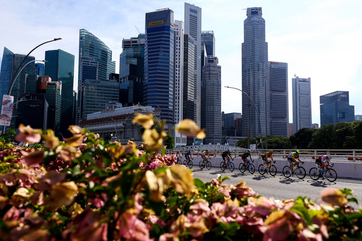  SINGAPORE, SINGAPORE - OCTOBER 30: The peloton passes through the Esplanade Bridge during the Tour de France Prudential Singapore Criterium on October 30, 2022 in Singapore. (Photo by Yong Teck Lim/Getty Images) 