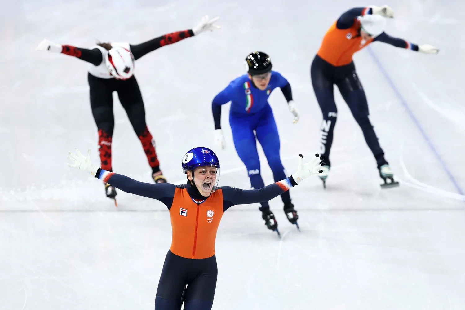  MILAN, ITALY - FEBRUARY 12: Xandra Velzeboer of Team Netherlands celebrates after winning gold in the Short Track Speed Skating Women's 500m final on day six of the Milano Cortina 2026 Winter Olympic games at Milano Ice Skating Arena on February 12,