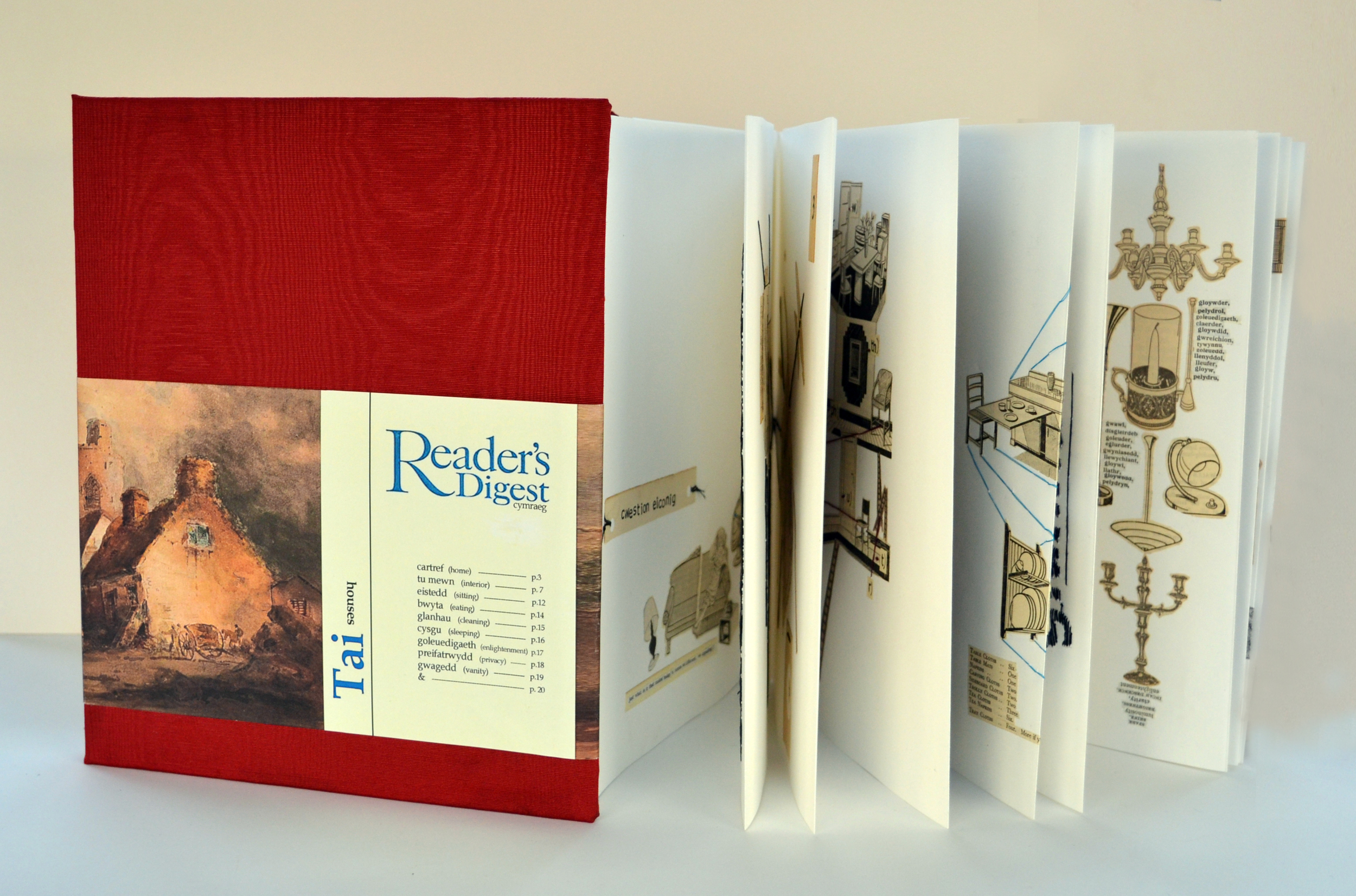 Reader’s Digest is a series of handmade artist books which borrows both title and process from the well-known publication of the same name. Initiated as part of a three-month artist residency at the Aberystwyth Arts Centre (U.K), the project was inspired by, and created with, a collection of Welsh books gathered in Aberystwyth. In this endeavour, the found books served as both subject and material, having been repurposed and remixed in a glorious ode to the beauty of Welsh language and culture.
