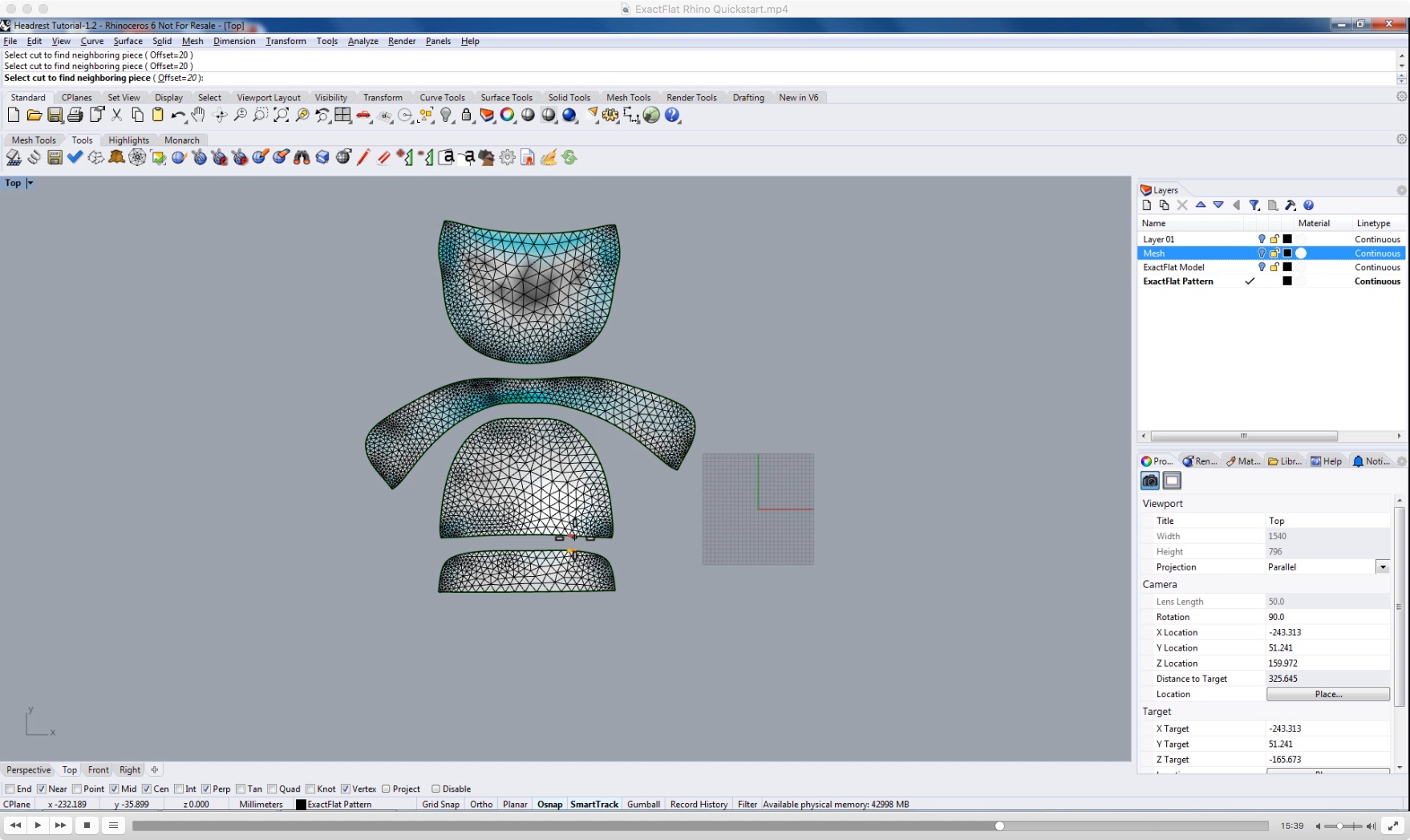 3D to 2D flattening with ExactFlat of an automotive headrest