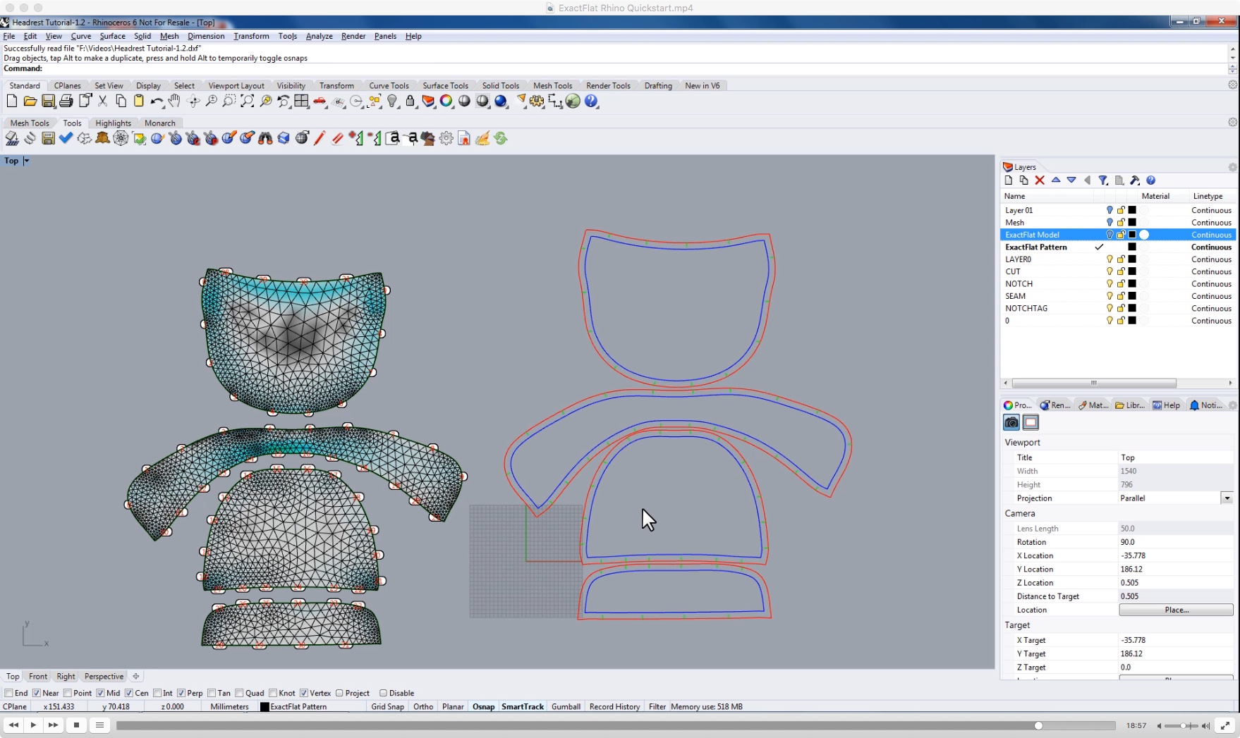 3D to 2D flattening of an automotive headrest  with ExactFlat Digital Patterning Software