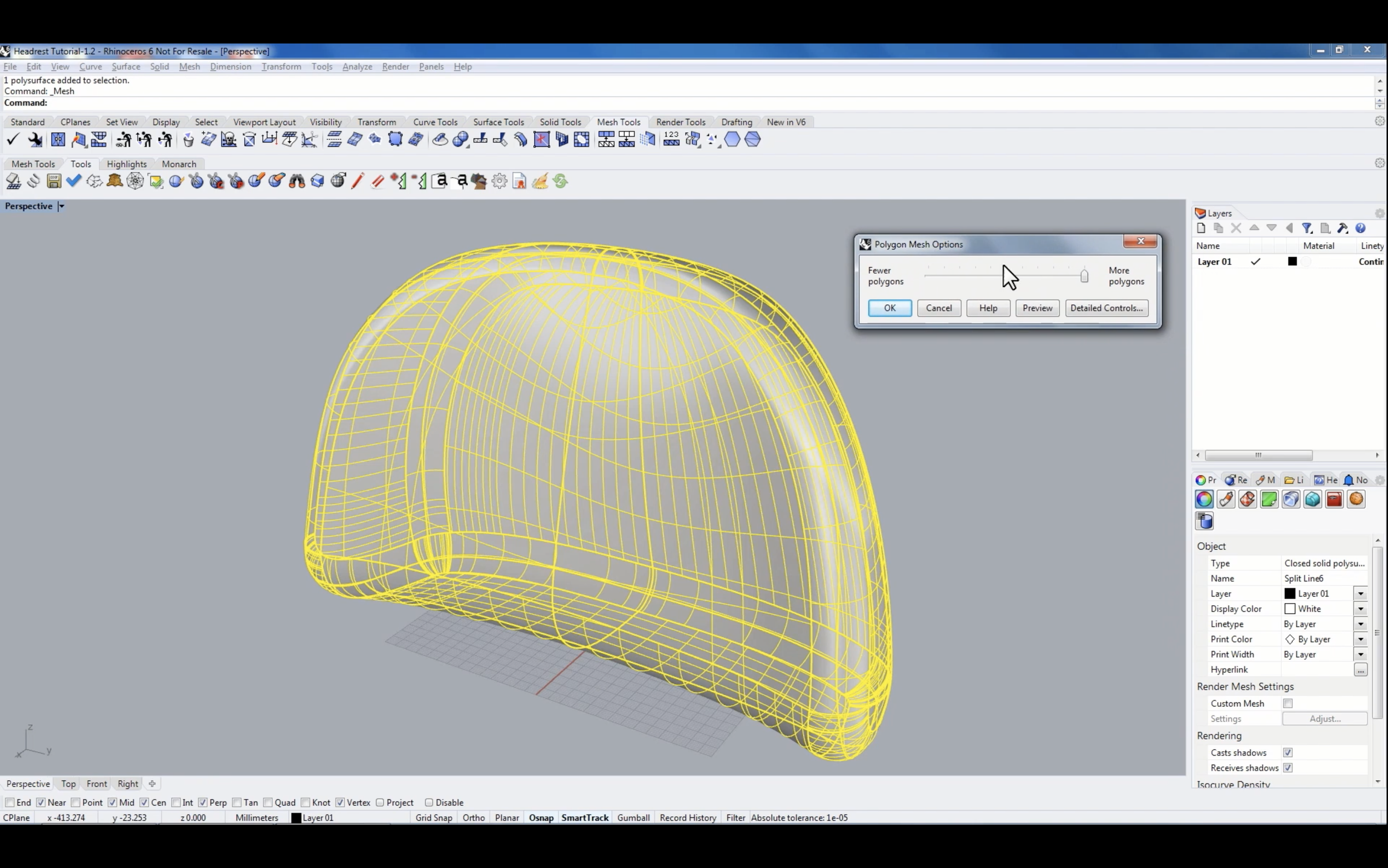 Flattening of an Automotive Headrest with ExactFlat 3D to 2D for Rhino 3D: Create Mesh