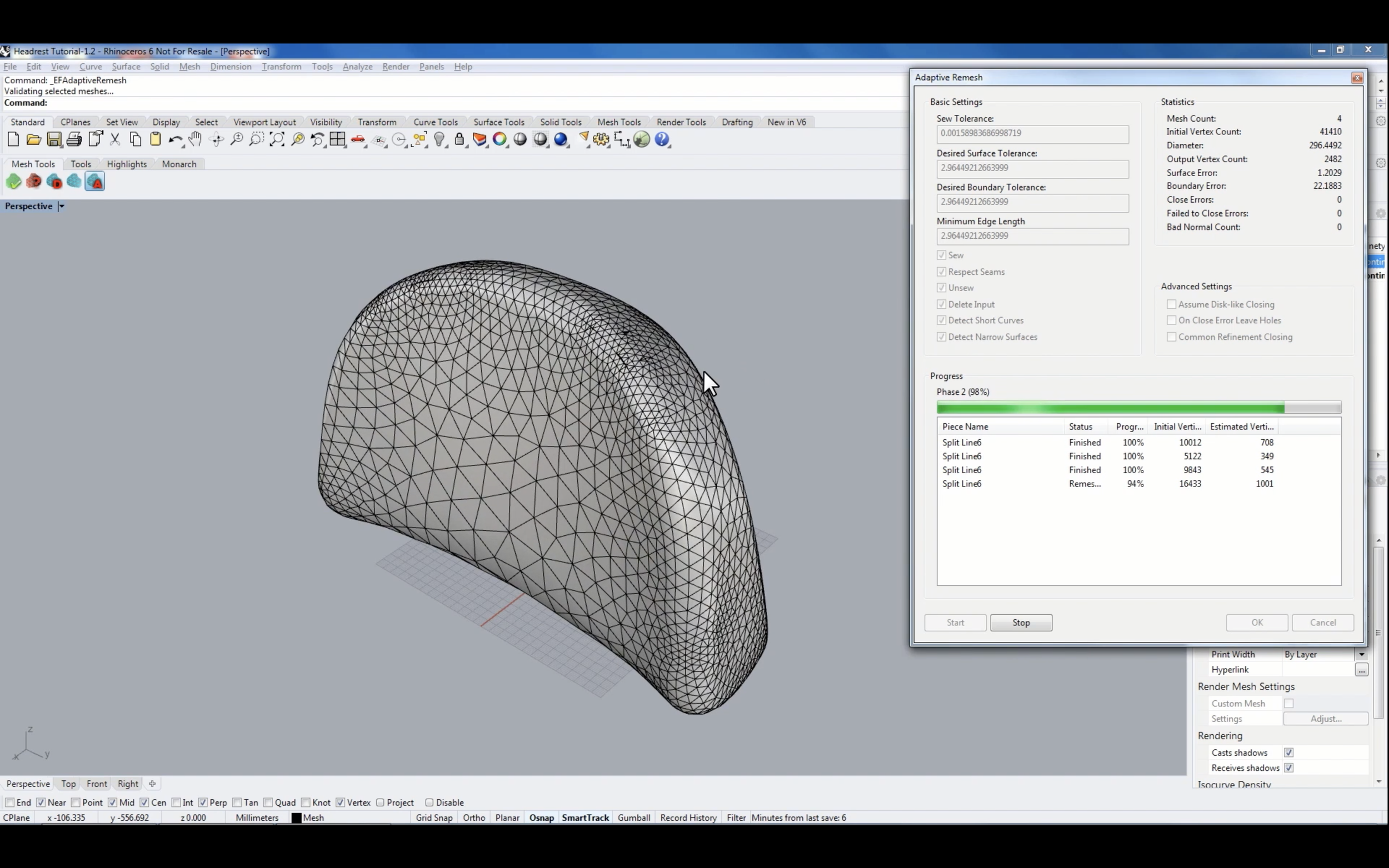 Flattening of an Automotive Headrest with ExactFlat 3D to 2D for Rhino 3D: Adaptive Remesher