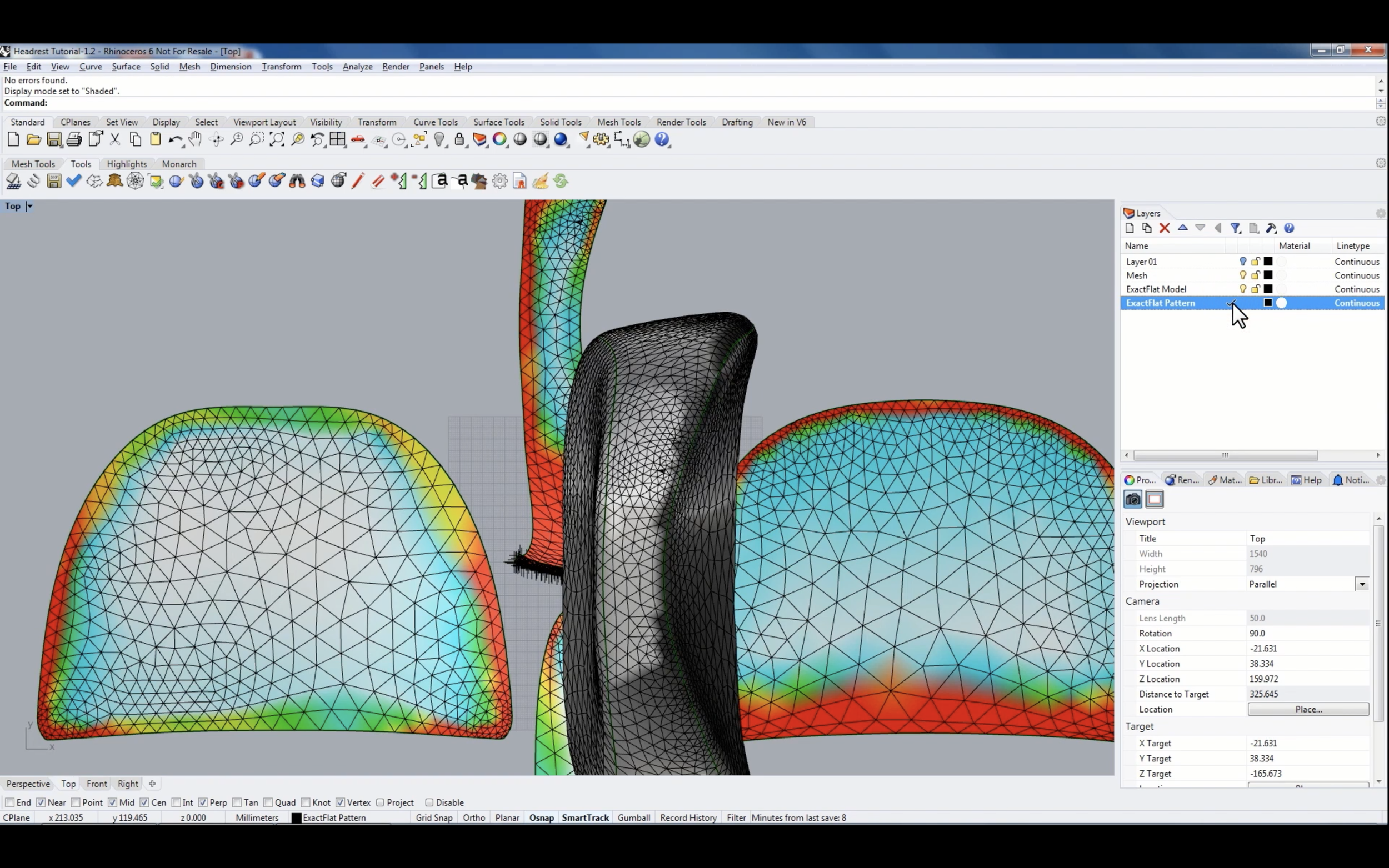 Flattening of an Automotive Headrest with ExactFlat 3D to 2D for Rhino 3D: Initial Flat Pattern 