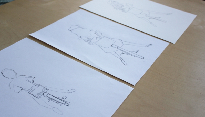 From first to final sketch of Margaux on her bike...there might be a one or 8 other versions not shown.