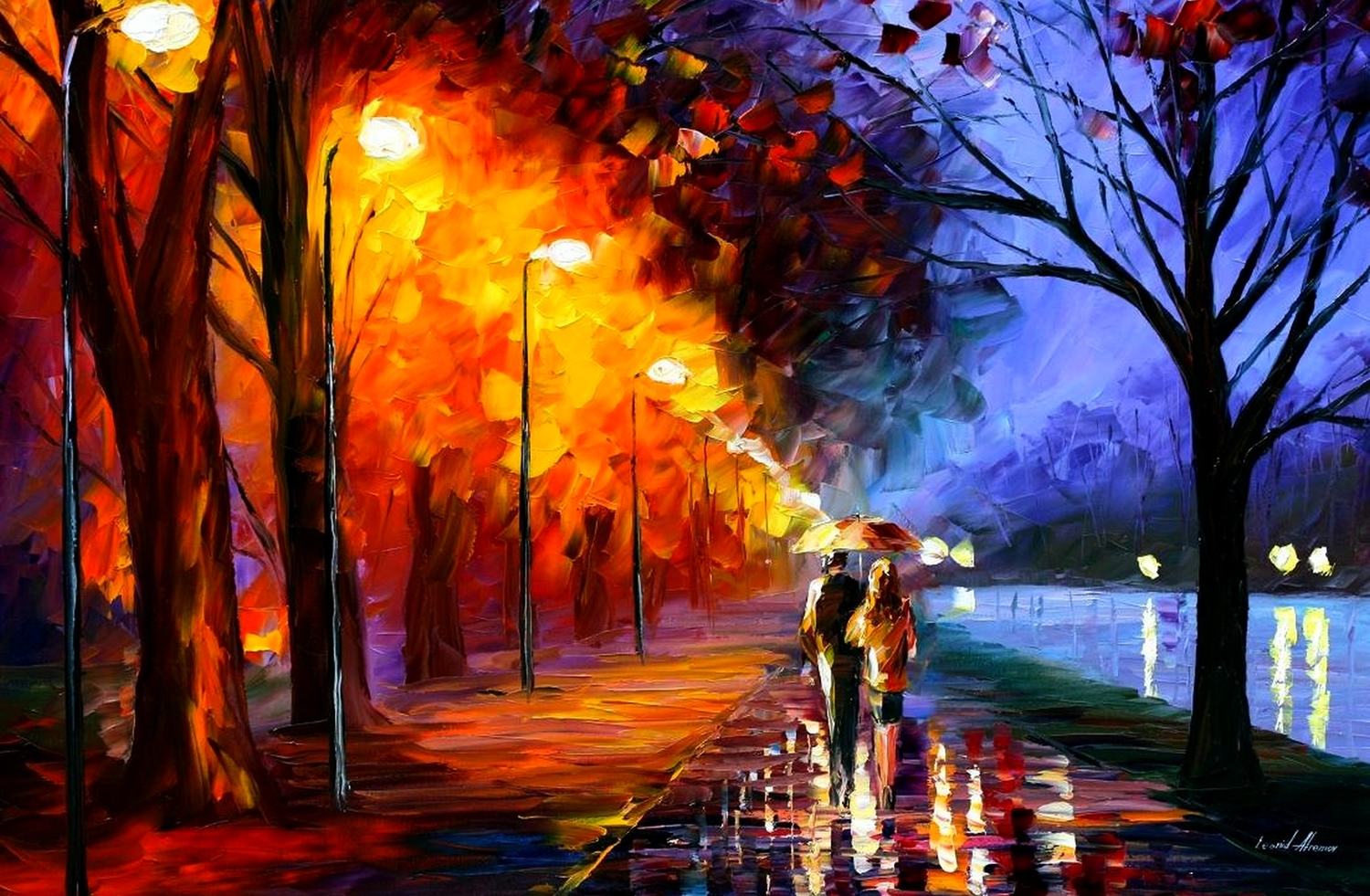 Alley by the Lake by Leonid Afremov. I love his art. It makes me feel good. 
