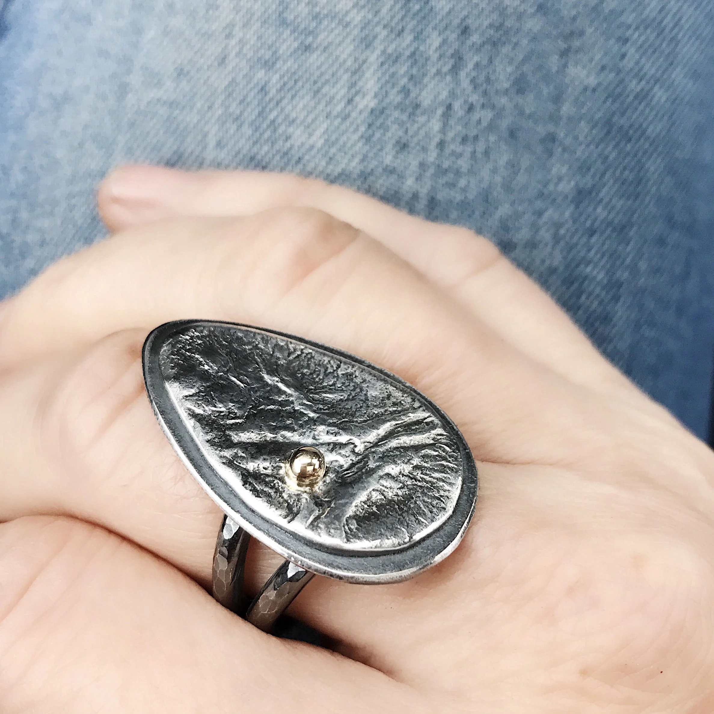reticulated silver ring, silver ring with gold detail, moonscape ring, ring texture