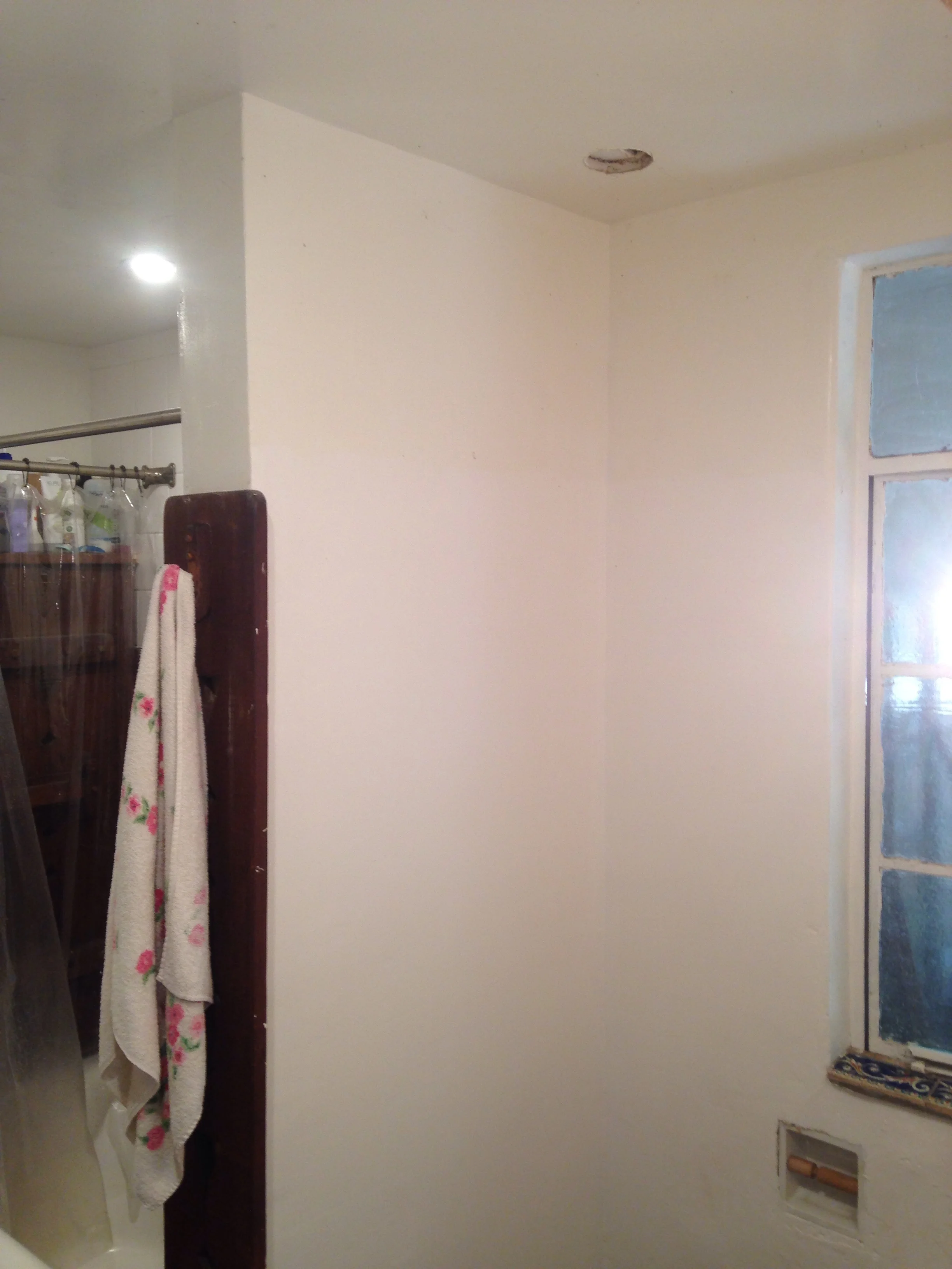 Corner near the shower... The fan shouldn't be directly above the shower or the moisture will damage it