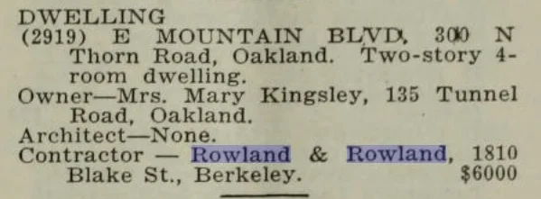 Our 1927 Kingsley House says no architect but I think our letter that says it was designed by Maybeck tells the real story
