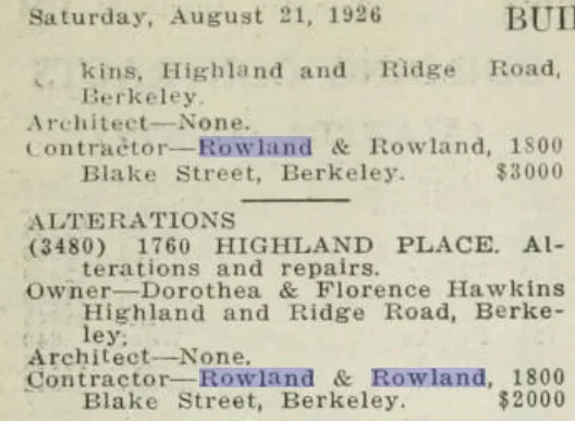 The Keeler House was sold by Keeler and later was subdivided and remodeled by Rowland & Rowland in 1926, now known to be a Maybeck design.