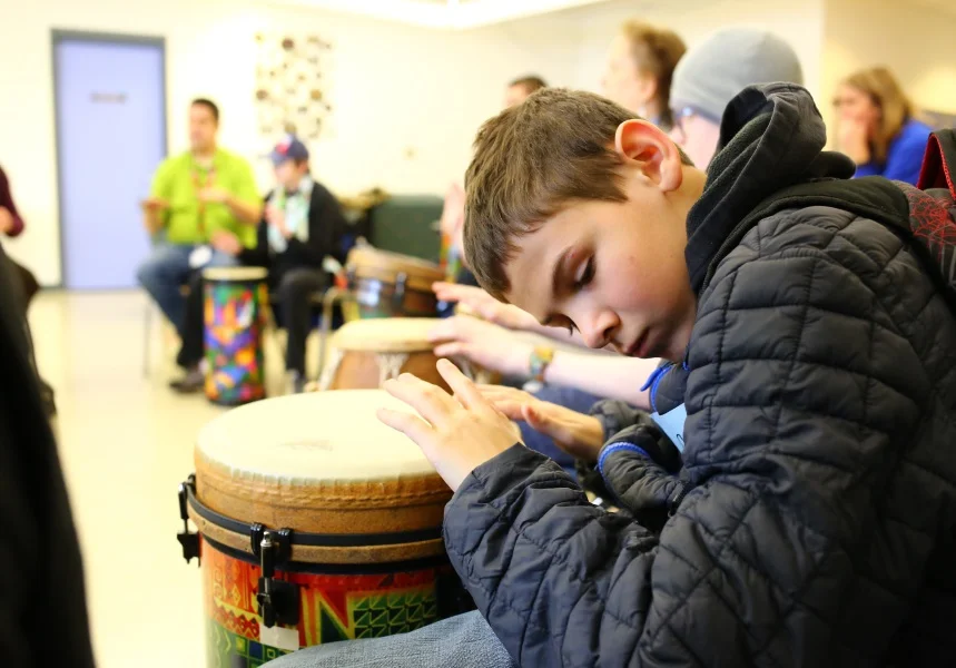A student at the Minnesota Academy for the Blind Practices his drumming