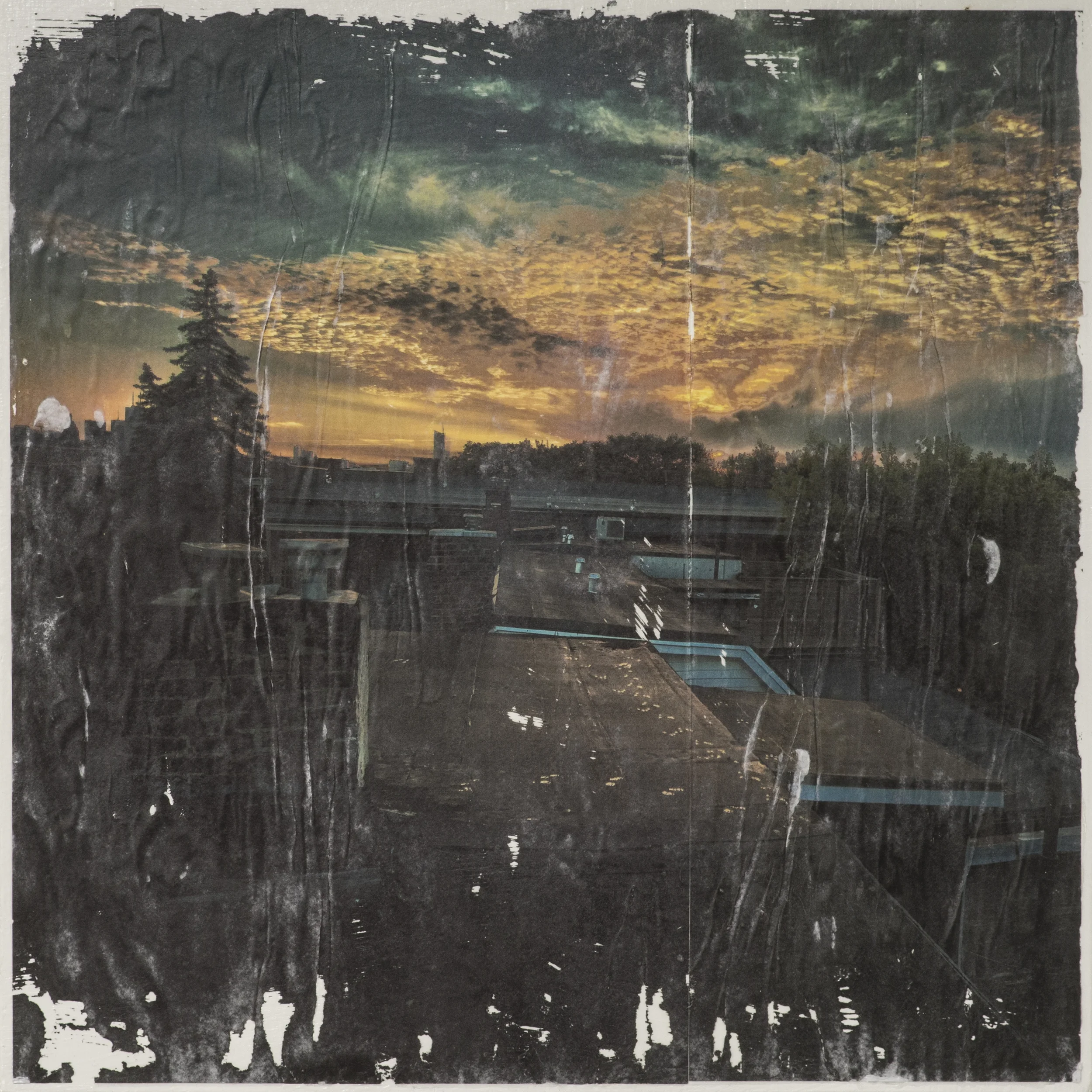 "Roof Top Sky" 15x15inches - Gel medium transferred photograph