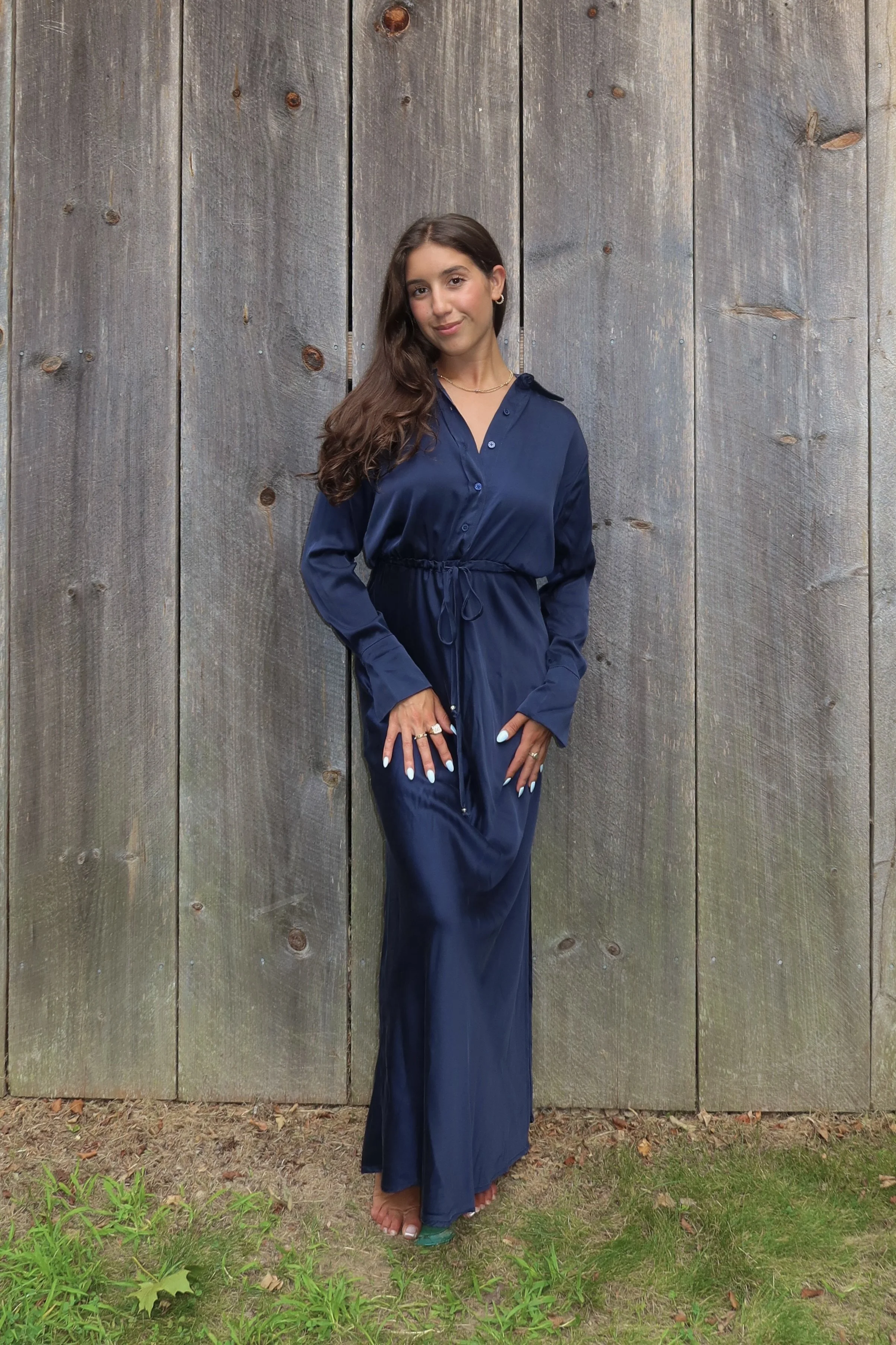 Tailored Button Up Slit Shirt Dress - Navy