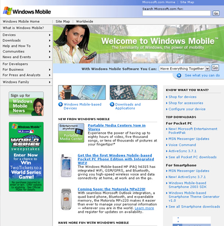 Microsoft: Windows Mobile Site Design